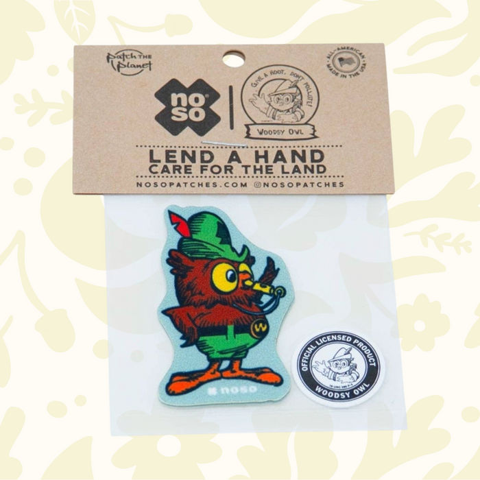 Forager Provisions LTD Woodsy Owl x NoSo peel-and-stick gear repair patch in colourful weather-resistant fabric