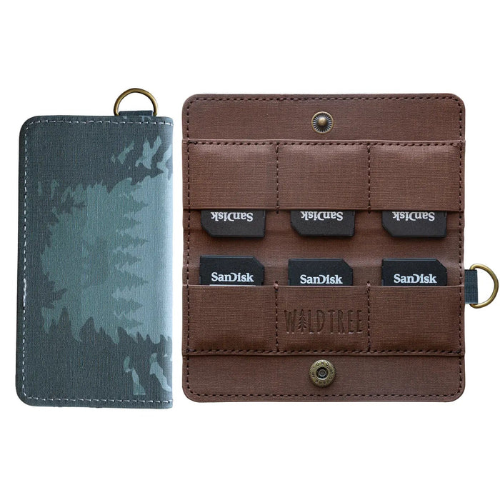 Forager Provisions LTD Wildtree Forest Friend card holder showing exterior forest print and interior SD card slots.