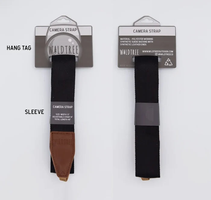 Camera strap with sleeve on a white background, featuring WildTree branding.