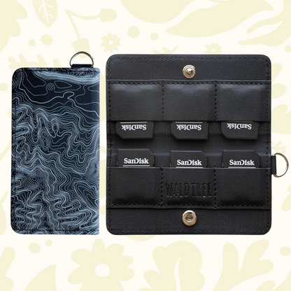 Forager Provisions LTD Wildtree topographic map card holder for SD and Nintendo Switch cards with snap button closure.