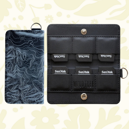 Forager Provisions LTD Wildtree topographic map card holder for SD and Nintendo Switch cards with snap button closure.
