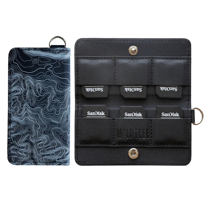 Forager Provisions LTD Wildtree topographic map card holder showing exterior print and interior SD card slots
