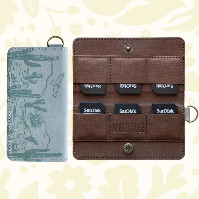 Forager Provisions LTD Wildtree card holder with western landscape print, brown interior, and SD card slots.
