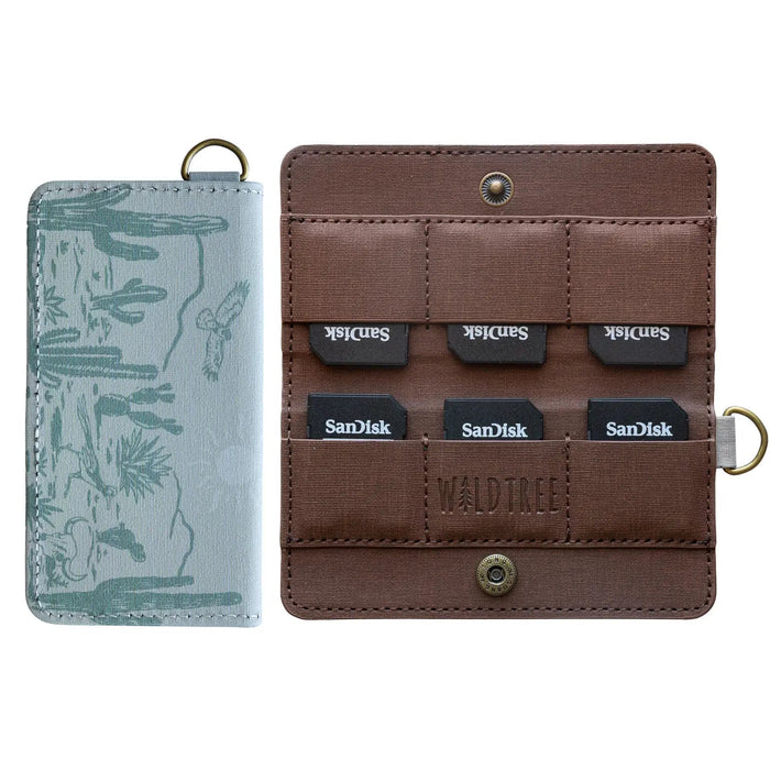 Forager Provisions LTD Wildtree card holder with western landscape print, brown interior, and SD card slots.