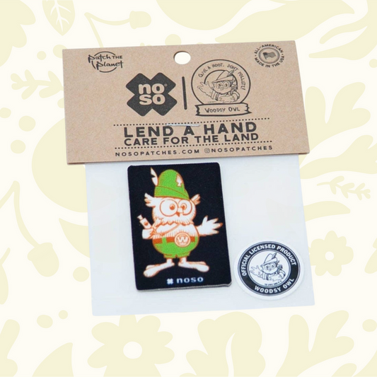 Forager Provisions LTD Wisdom Woodsy Owl x NoSo weather-resistant peel-and-stick repair patch on branded backing card