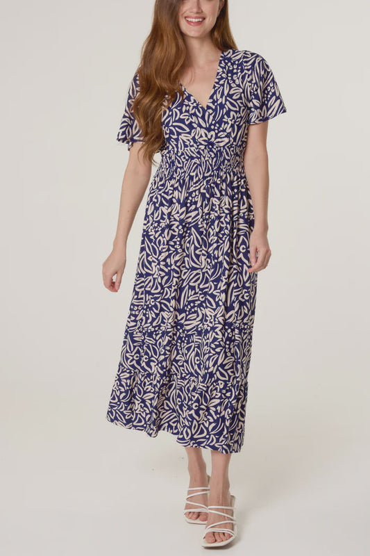 Wrap Front Leaf Print Dress - Blue