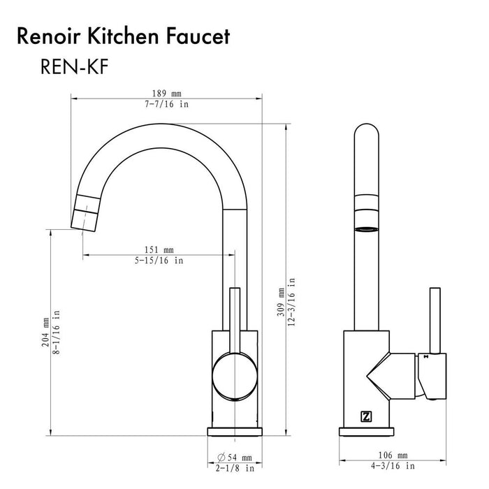 ZLINE Renoir Kitchen Faucet (REN-KF) dimensional diagram.
